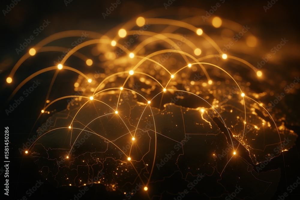 Poster global connections: illustrating worldwide networks with glowing lines connecting cities across a de