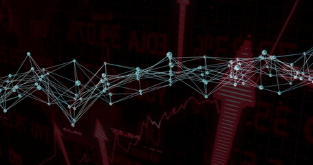 Displaying light blue nodes with lines over red chart with numeric data, upward, downward arrows