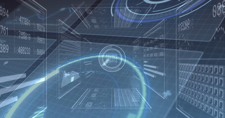 Floating central holographic data display showing numeric readouts in cyberspace, with glowing arcs
