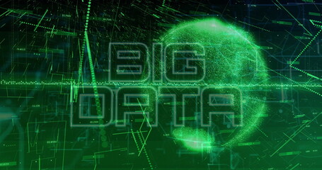 Showing glowing wireframe globe with BIG DATA text on data interface with grid lines, data streams