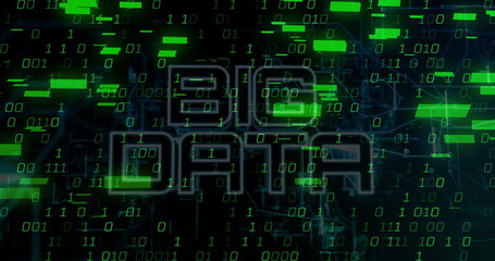 Streaming Big Data text through digital matrix, with green binary digits, neon bars, network lines