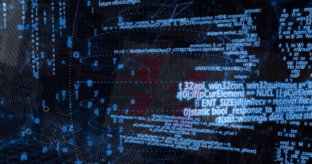 Displaying floating code overlay in cybersecurity dashboard, with glowing wireframe mesh and nodes
