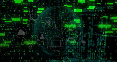 Showing wireframe globe linking icons and code fragments in cyberspace, with streaming binary code