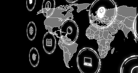 Displaying world map on dashboard, with glowing icons of globe book laptop target and avatar