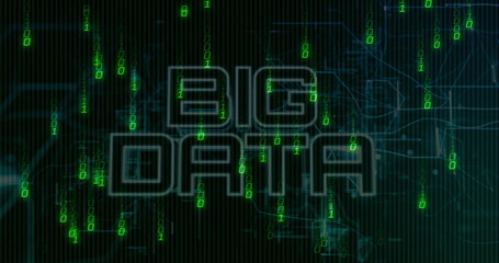 Displaying BIG DATA text over dark grid, with green binary digits cascading and turquoise lines