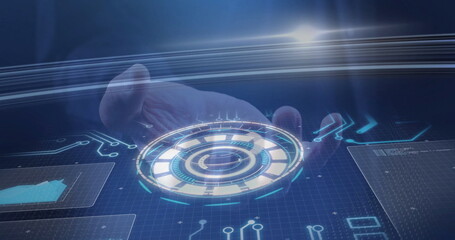 Extending male right hand using circular holographic interface in virtual space, with data panels