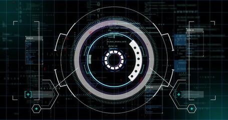 Displaying futuristic circular HUD interface on screen with grid overlay, code panels, data nodes