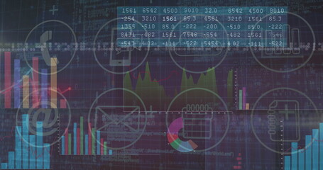 Displaying data dashboard in virtual interface, showing bar charts line graph and streaming code