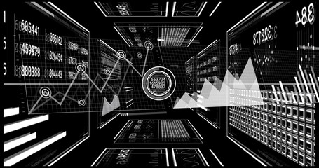 Floating central circular data node connecting grid panels in data corridor, with line charts