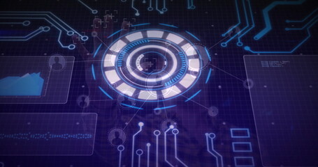 Displaying layered circular HUD element projecting neon circuit lines on grid, with data panels