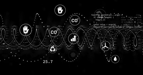 dotted wave graphic oscillating in dashboard, with environmental icons, snippet and 25