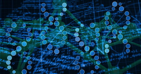 Visualizing network with green lines linking blue and teal nodes on grid plane, with scrolling code