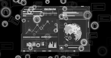 Displaying translucent dashboard floating in interface, with line graph world map and cloud icon