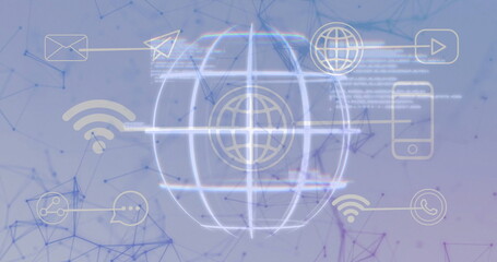 Displaying glowing globe grid at digital network center with envelope and wifi icons linking