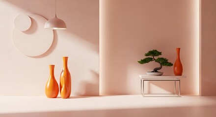 Elegant Minimalist Room with Bonsai and Vases A Study in Soft Lighting and Clean Lines