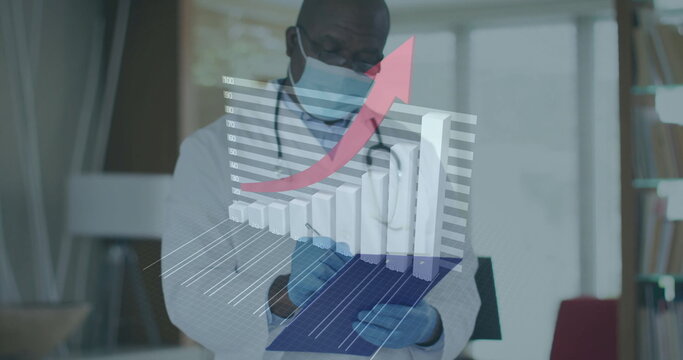 Reviewing doctor in lab coat, mask, gloves analyzing 3D bar chart in clinic, with tablet device - Powered by Adobe