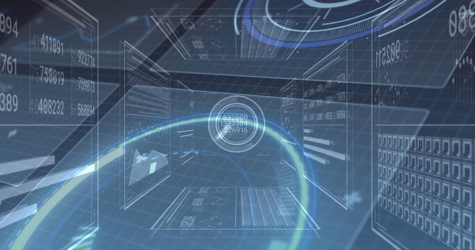 Floating central holographic data display showing numeric readouts in cyberspace, with glowing arcs