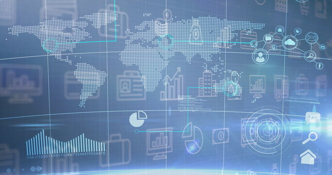 Displaying map overlay on corporate dashboard, with bar chart, folder, cloud and magnifier icons