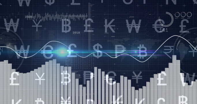 Plotting financial data on tech dashboard showing glowing line graph and bars with currency symbols