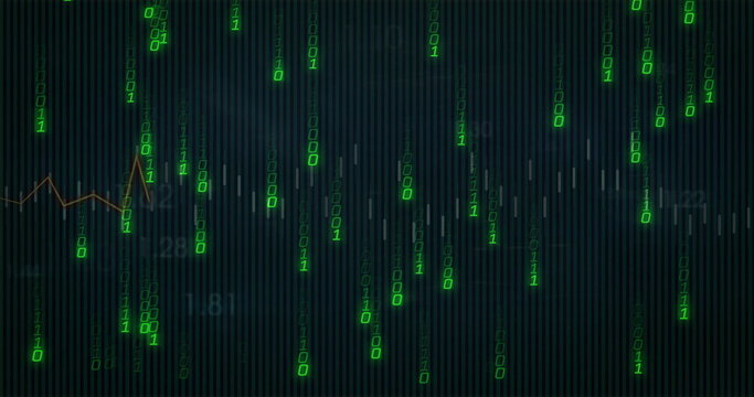 Cascading green binary code streams through digital dashboard, line graph, candlesticks, numbers