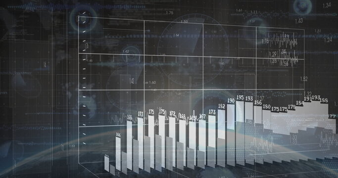 Displaying 3D bar chart highlighting numerical height labels in data dashboard with radar overlays - Powered by Adobe