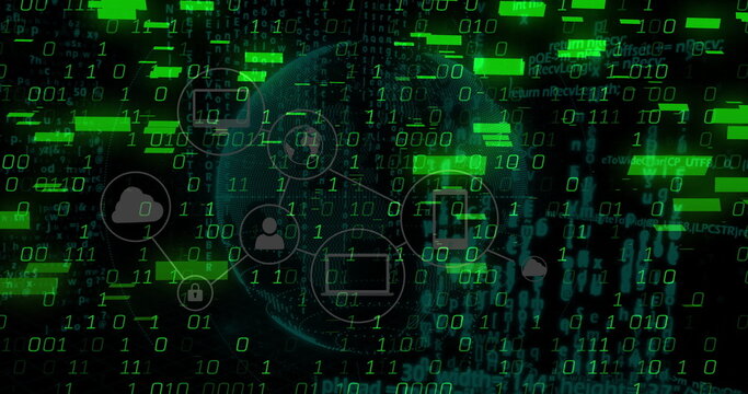 Showing wireframe globe linking icons and code fragments in cyberspace, with streaming binary code