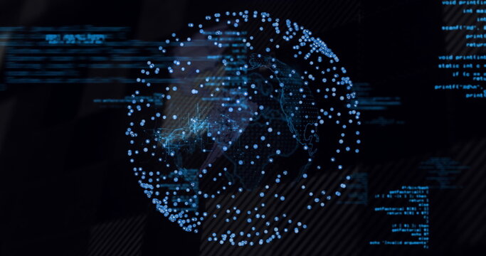 Floating translucent digital globe showing network paths on data dashboard, with code fragments - Powered by Adobe