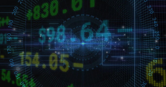 Displaying central data hub illuminating numeric values in virtual dashboard, with gridlines