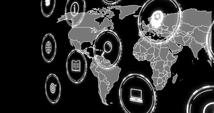Displaying world map on dashboard, with glowing icons of globe book laptop target and avatar