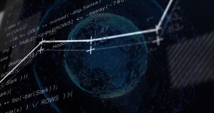 Displaying holographic globe rotating in digital interface, with code snippets and vector lines - Powered by Adobe