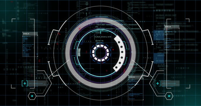 Displaying futuristic circular HUD interface on screen with grid overlay, code panels, data nodes