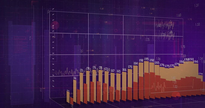 3D bar chart displaying line graph and labels in digital dashboard, with semi-transparent cuboid - Powered by Adobe