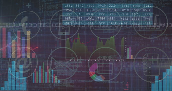 Displaying data dashboard in virtual interface, showing bar charts line graph and streaming code - Powered by Adobe