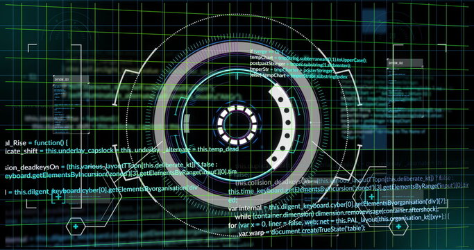 Displaying central HUD reticle showing concentric rings in interface with grid lines, arcs and code