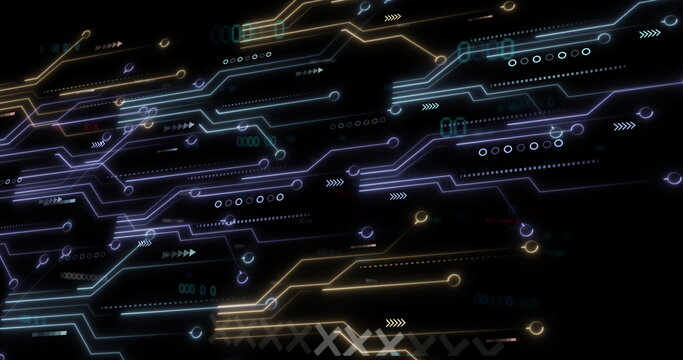 Streaming digital network connecting circuit paths and nodes in virtual interface, with neon traces