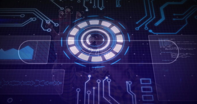 Displaying central circular loading interface with segmented rings at control hub with data panels