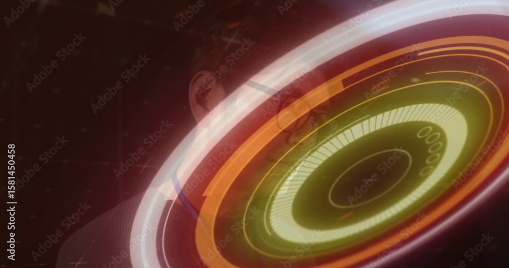 Poster displaying glowing holographic interface floating in research lab, with grid overlay and data rings