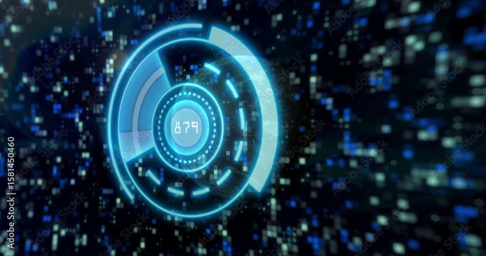 Aufkleber rotating neon-blue hud graphic displaying 879 readout in virtual space, with drifting pixel blocks