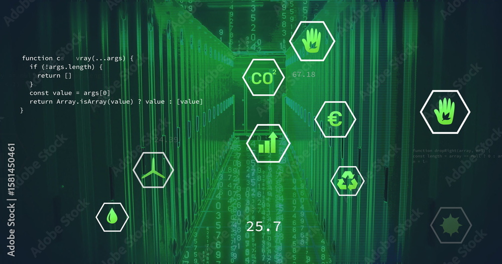 Poster bathing server rack aisle in data center, with green data streams, code overlays, hexagonal icons