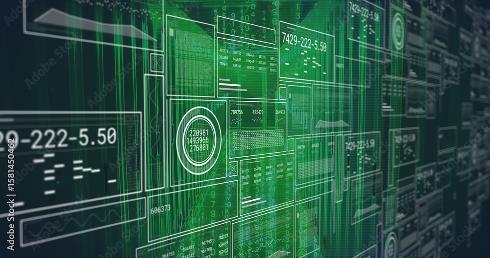 Poster streaming numeric readouts on translucent panels in virtual control interface, with gauges