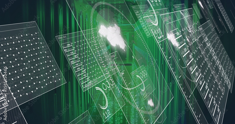 Poster curved semi-transparent panel floating in virtual space, with dashboards, gauges and code streams