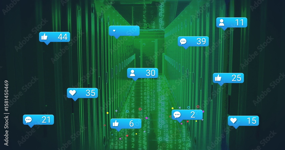 Poster floating social media icons showing counts in data center, featuring binary code and servers