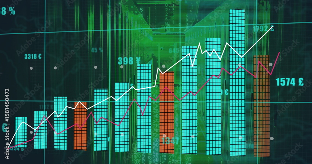 Aufkleber displaying chart showing market trends on dashboard with teal bars, line graphs, green code streams
