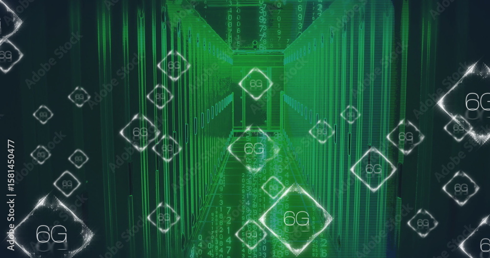 Poster glowing server rack aisle running through data center corridor, with 6g icons, binary streams
