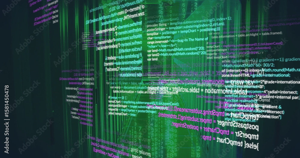 Poster moving code lines and green data bars across virtual interface, with holographic effect