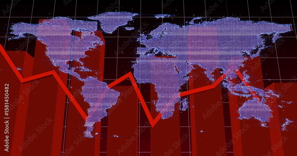 Poster displaying purple world map with rising red bars, red line graph on slide with green grid