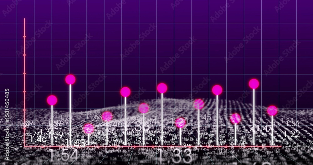Fototapete Visualizing 3D bars rising from numeric grid on purple gradient, with magenta spheres and red axes