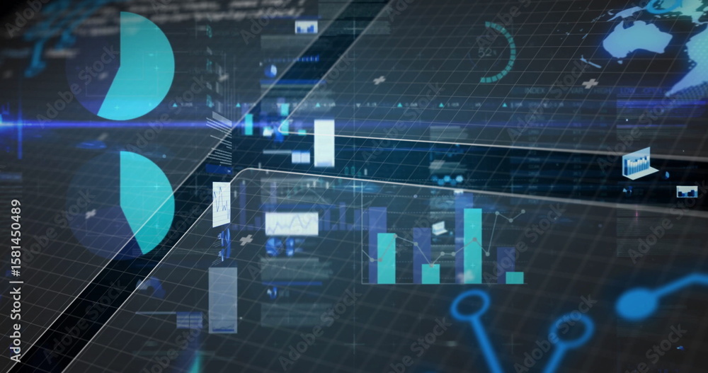 Poster displaying holographic bar chart floating over grid in cyber dashboard, with pie segments and nodes