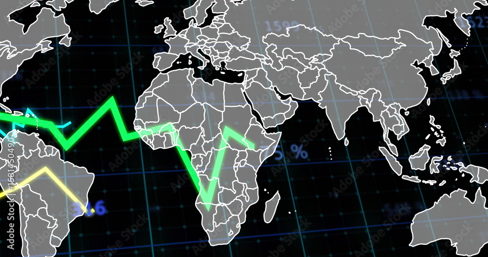 Aufkleber displaying outline world map tracing green and yellow trend lines in dashboard with percent symbols