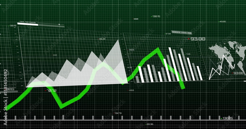 Poster displaying data visualization on dashboard, with area chart, line chart, bar charts, world map